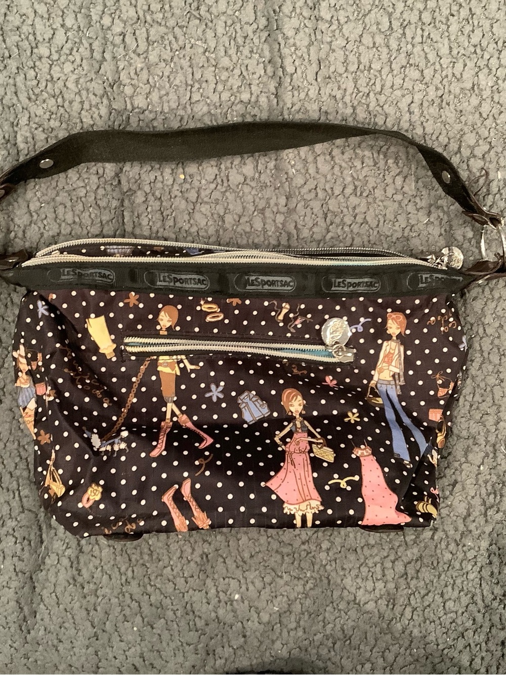 LeSportsac Black Printed Nylon Shoulder Bag with Multicolor Fashion Illustration